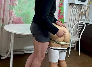 Stepmom in tight tights craves anal from son-in-law at home