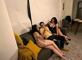 Sluts Seduce Innocent Boy Promoter With Big Tits