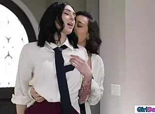 tattooed waitress gets strapon fucked by dominant milf