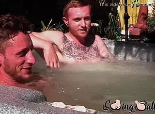 Inked ginger homo leaves jacuzzi to jack off big cock with lover