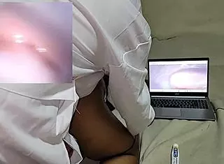 Gynecologist inserts camera into patient's pussy and fucks her hard, cumming inside her huge pussy