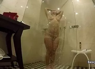 Tanned goddess rides big cock in shower quickie pov