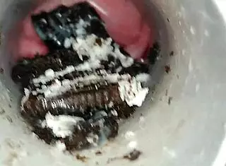 She playfully teases her pussy with an oreo in this fetish scene.