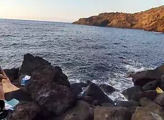 Rough Fuck Doll Moans During Web Chat, Gets Cum In Mouth On Cliff By The Sea