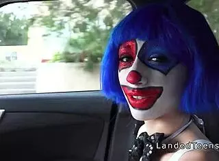 Man, this teen in clown costume bangs outdoor until a messy cumshot!