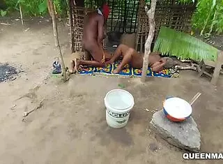 grandma's hut turns into outdoor sex party. skinny babe rides hard in wild doggystyle.