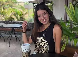 Crazy teen couple does blowjob in starbucks toilet and drinks coffee with sperm on the street