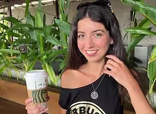 Crazy teen couple does blowjob in starbucks toilet and drinks coffee with sperm on the street