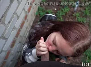 Risky Blowjob Behind Garages, She Swallowed It All