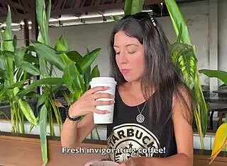 Crazy teen couple does blowjob in starbucks toilet and drinks coffee with sperm on the street