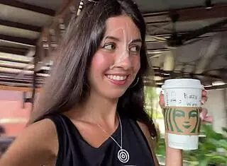 Crazy teen couple does blowjob in starbucks toilet and drinks coffee with sperm on the street