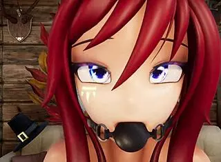 Hentai VTuber Elfie Love Squirt with Dildo in Black Latex Suit and Ball Gag!