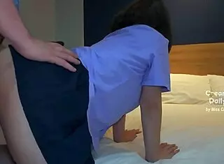 schoolgirl, guard makes tight pussy wet