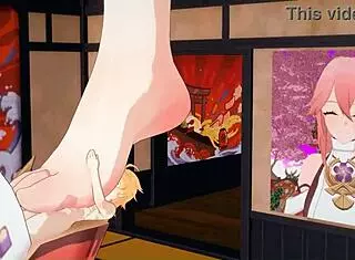 Yae Miko gives an amazing footjob with her huge tall feet 😘