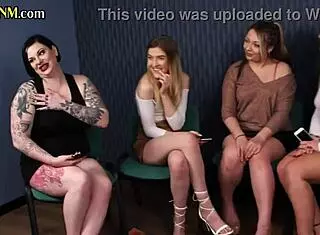 in this group session, femdom milfs in dresses and stockings jerk small cocks while talking dirty