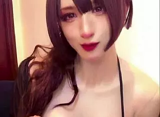 beautiful asian ladyboy masturbates during live stream