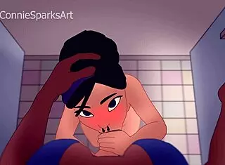 Futa performs deepthroat blowjob in nightclub bathroom.