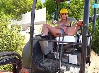 hot sexy blonde with natural big tits masturbates outdoors at the construction site