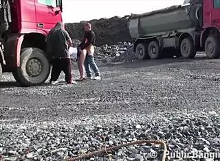 Petite blonde hottie banged in public threesome.