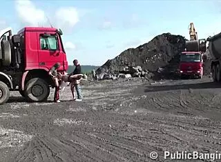 Petite blonde hottie banged in public threesome.