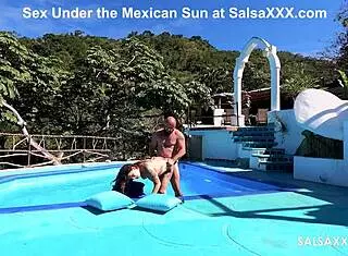 Tattooed Latina gets wild by the pool with sloppy doggystyle banging. Her big pussy takes a monster cock hard.