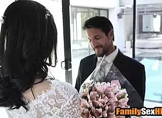 Blonde married lesbian brides foursome fucked by stepfathers in taboo group at wedding.