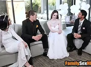 Blonde married lesbian brides foursome fucked by stepfathers in taboo group at wedding.