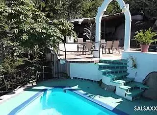 Tattooed Latina gets wild by the pool with sloppy doggystyle banging. Her big pussy takes a monster cock hard.