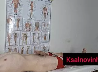 redhead nurse in uniform prepares patient for surgery, massages his cock