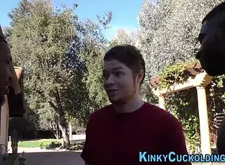 Teen humiliates cuck in outdoor interracial threesome