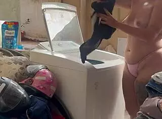 Neighbor Hides Watching Woman Wash Clothes Outdoors With Wet Pussy, Brown Eyes, And Small Tits Exposed!