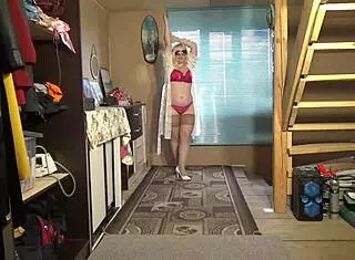 Juicy milf teases with striptease in stunning lingerie and stockings.