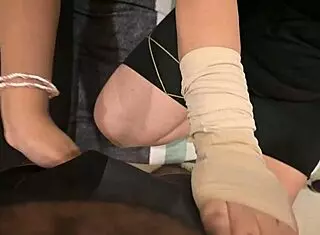 Two Indian chicks jerk stranger's dick in public