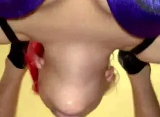 Salivating close-up sloppy wet blowjob with cum in throat