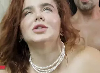 Curvy babe spreads wet pussy on huge cock