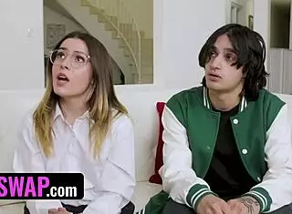 virgin bffs cringe at touching stepbrothers’ cocks in wild sisswap orgy. what a shock!