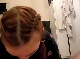Red head roommate sucks my dick and swallows cum