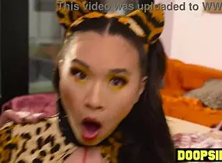 horny asian teen gets licked and humped in doggystyle by big dick neighbor on halloween night.