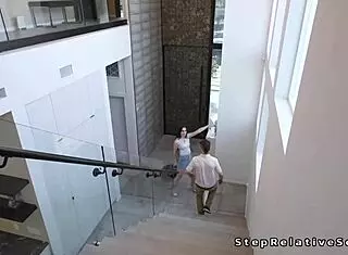 Big guy welcomes stepcousin and they chat in the bathroom