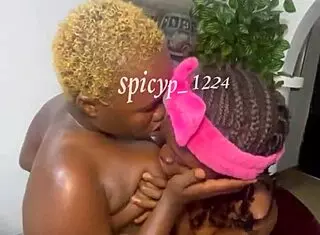 Slutty lesbian friend dances and licks her tattooed pal with big ass