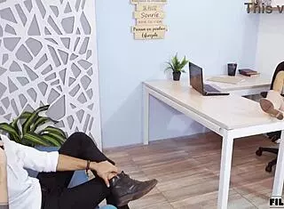 Lesbian boss catches threesome at work and joins