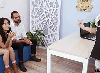 Lesbian boss catches threesome at work and joins