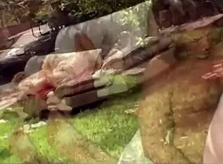 kinky redhead and blonde friend in outdoor gangbang double penetration