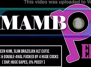 Queen Kimi, slim Brazilian, takes double anal with huge gapes and monster cocks.