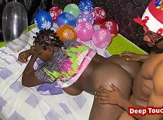 Pretty black couple uses dildos for homemade Christmas sex, big tits bouncing in the scene