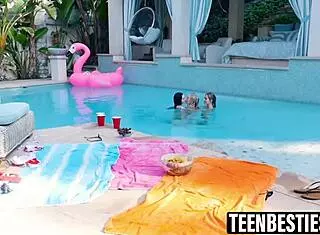 Blondes dive into pussy at pool for intense lesbian sex