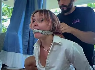 Tied-Up Beautiful Babe In Stockings Obeys Couple's Tickling Bondage Commands!