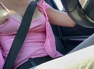 Big tits italian milf shows horny nipples in car.