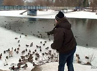 old guy seduces curvy teen in snow for outdoor fuck