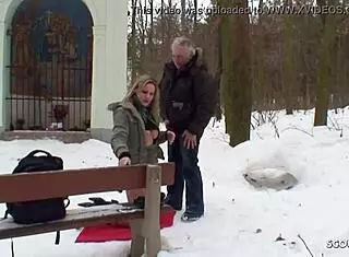 old guy seduces curvy teen in snow for outdoor fuck